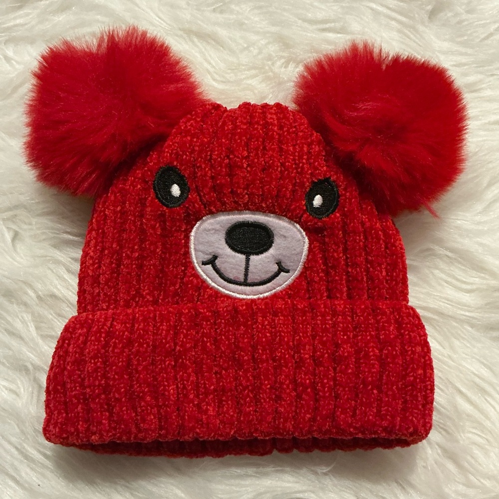 Red bear pompom ears warm winter hat for toddler boy or girl